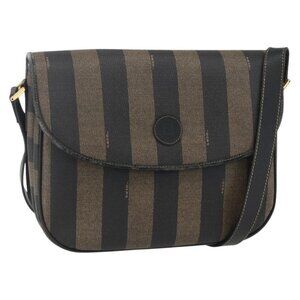 Authentic FENDI Pecan Canvas Shoulder Bag PVC Black Brown gold